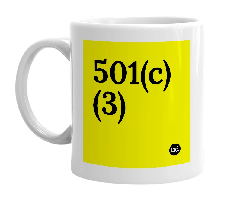 White mug with '501(c)(3)' in bold black letters