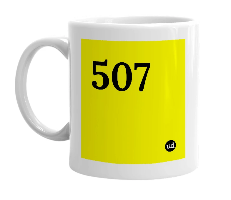 White mug with '507' in bold black letters