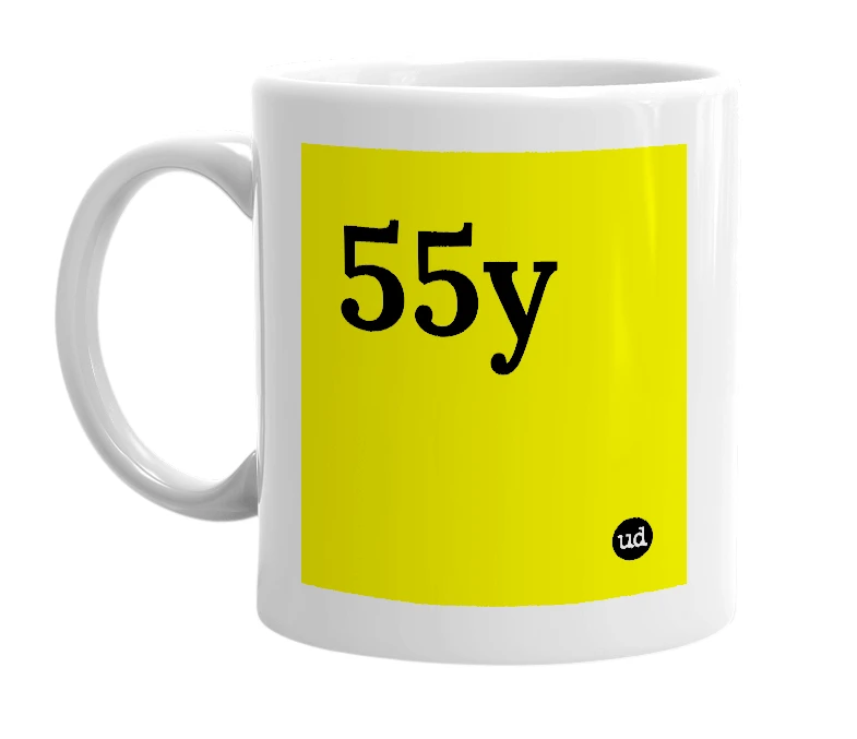 White mug with '55y' in bold black letters