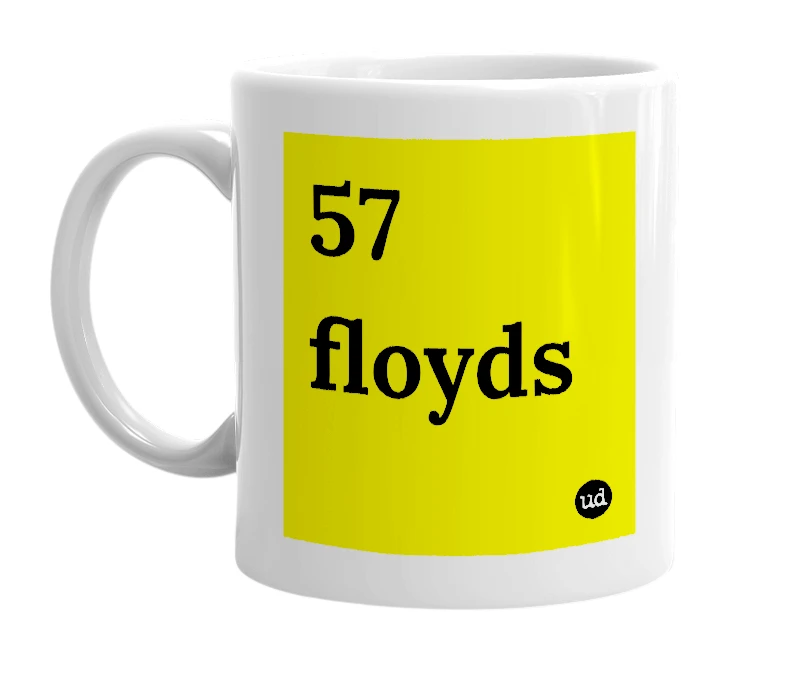 White mug with '57 floyds' in bold black letters