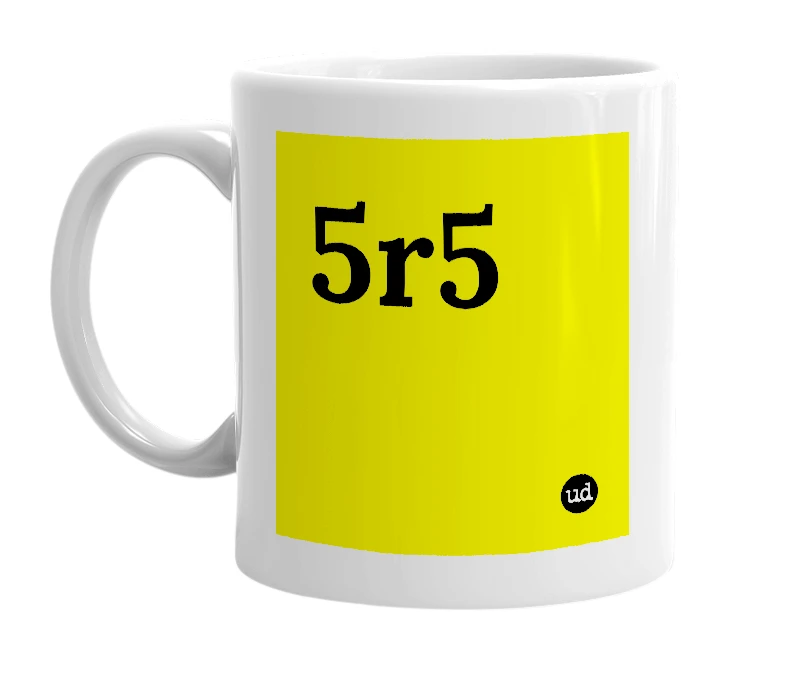 White mug with '5r5' in bold black letters