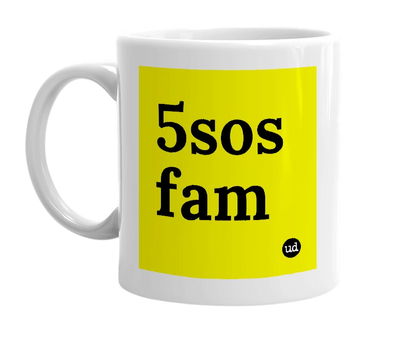 White mug with '5sos fam' in bold black letters