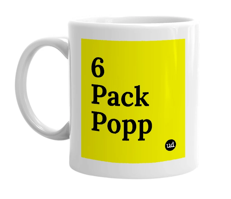 White mug with '6 Pack Popp' in bold black letters