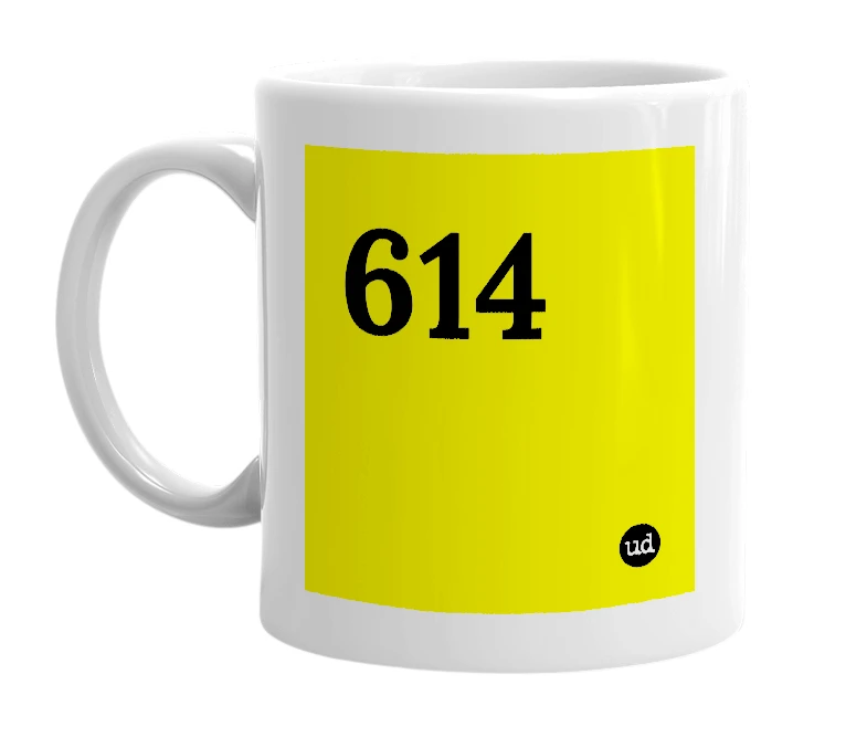 White mug with '614' in bold black letters