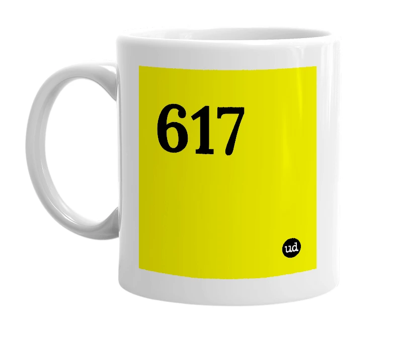 White mug with '617' in bold black letters