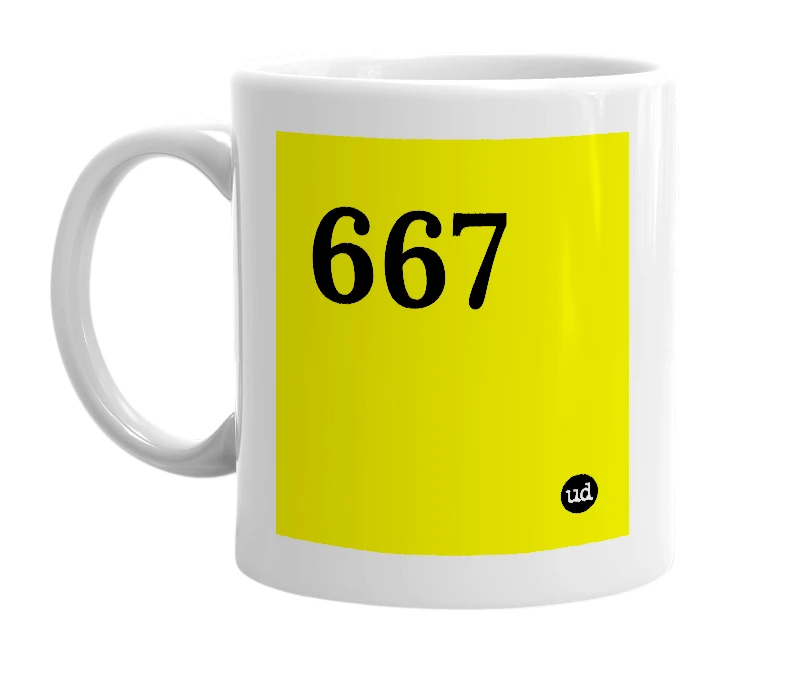 White mug with '667' in bold black letters