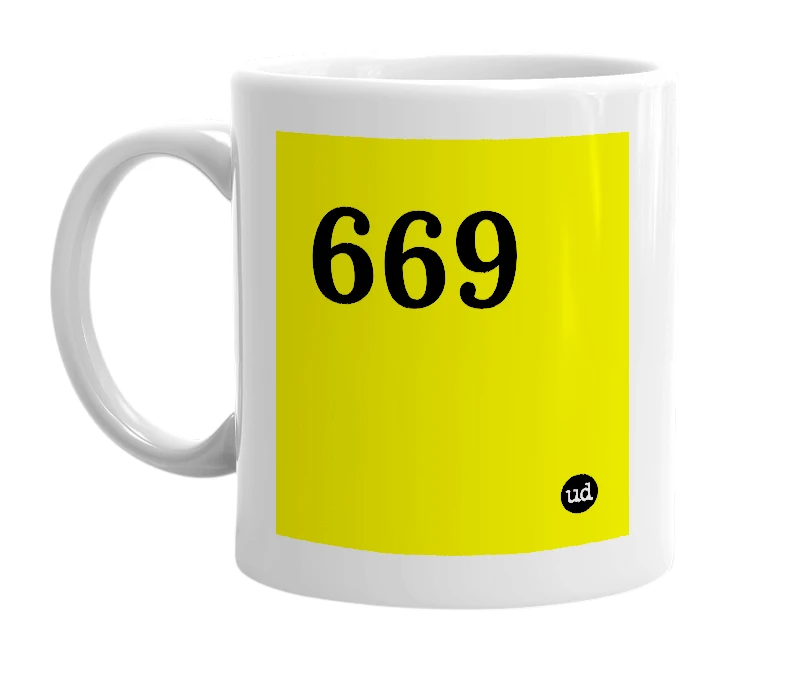 White mug with '669' in bold black letters