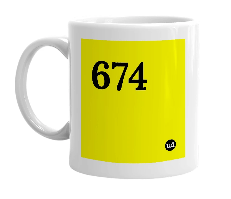 White mug with '674' in bold black letters