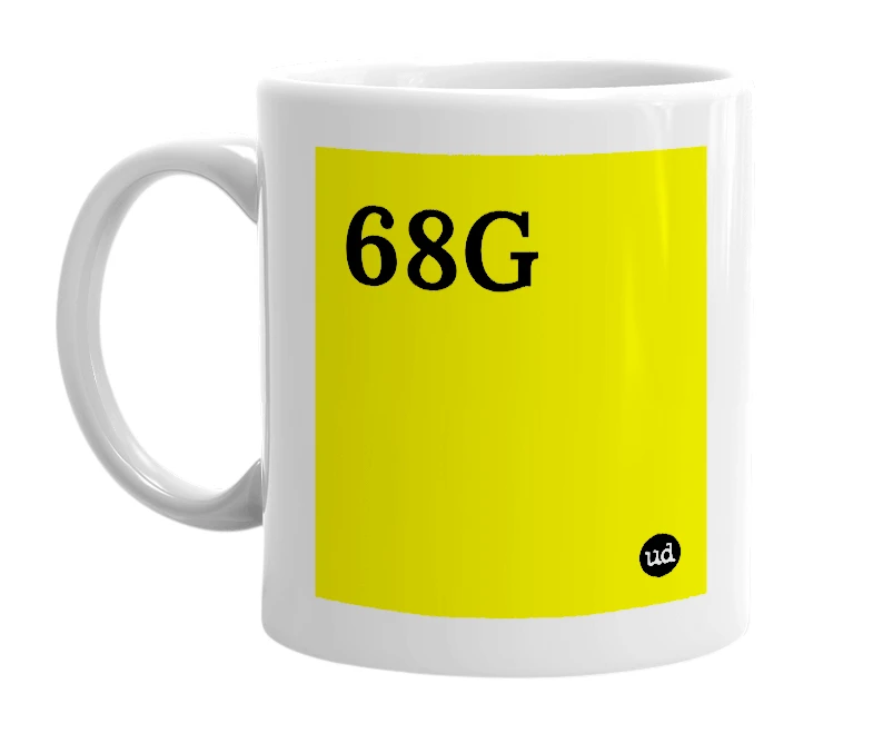 White mug with '68G' in bold black letters