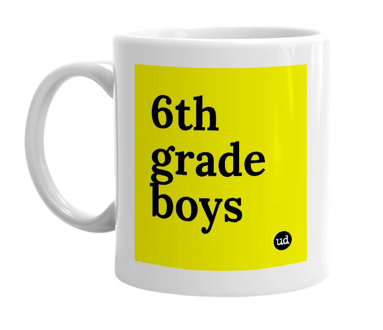 White mug with '6th grade boys' in bold black letters