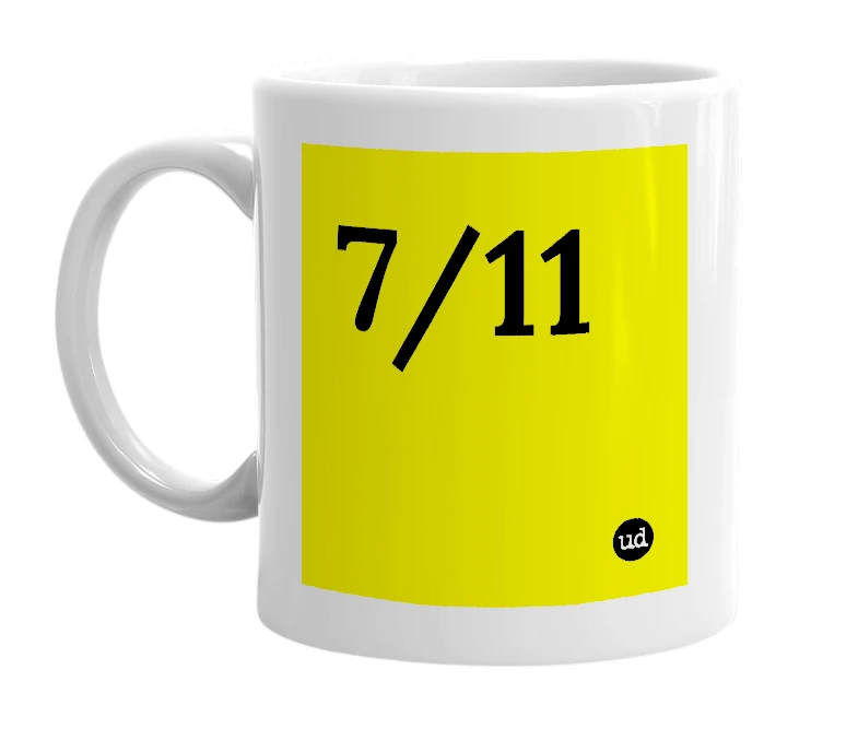 White mug with '7/11' in bold black letters
