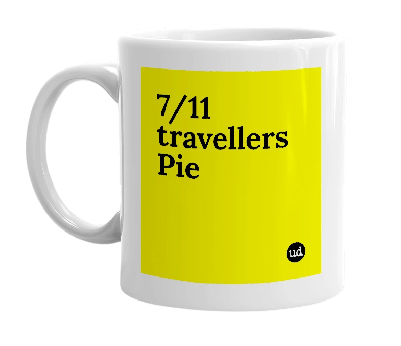 White mug with '7/11 travellers Pie' in bold black letters