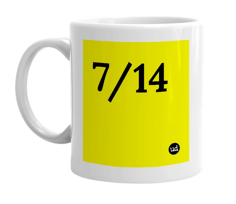 White mug with '7/14' in bold black letters