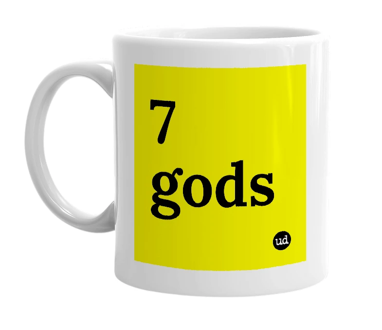 White mug with '7 gods' in bold black letters