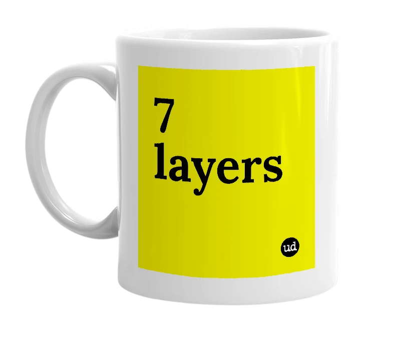 White mug with '7 layers' in bold black letters