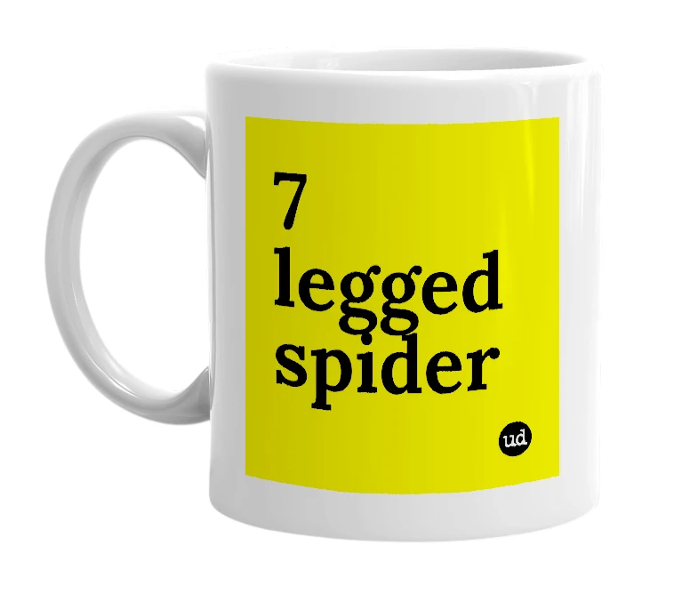 White mug with '7 legged spider' in bold black letters