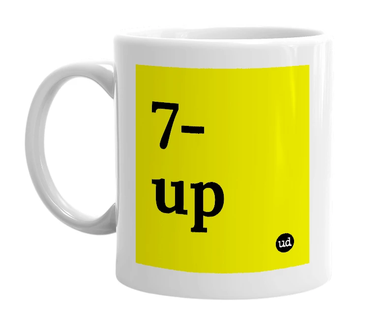 White mug with '7-up' in bold black letters