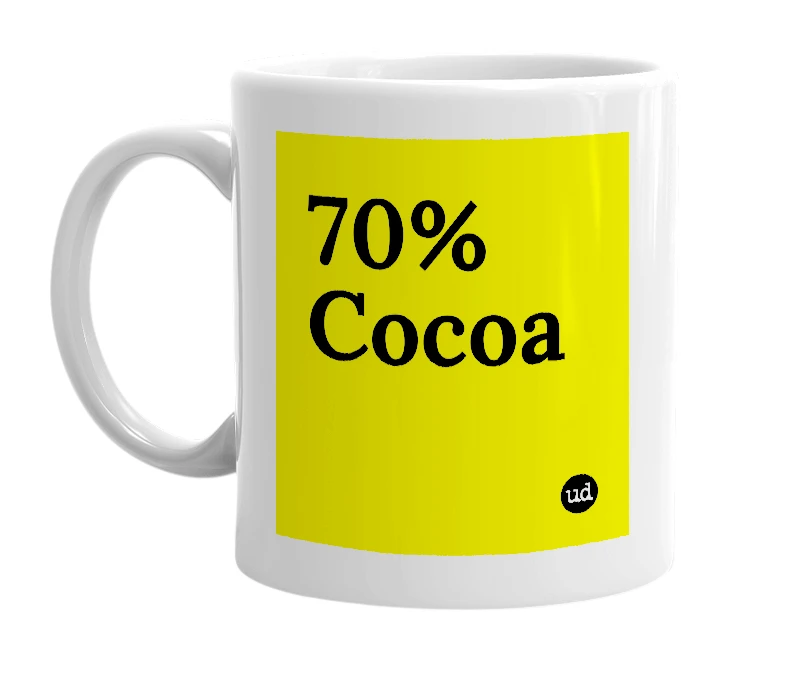 White mug with '70% Cocoa' in bold black letters