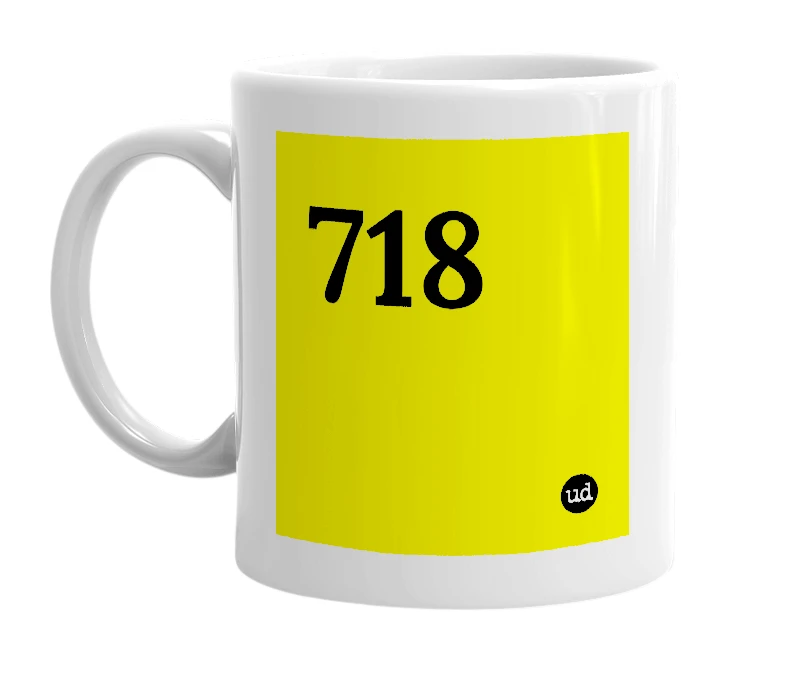 White mug with '718' in bold black letters