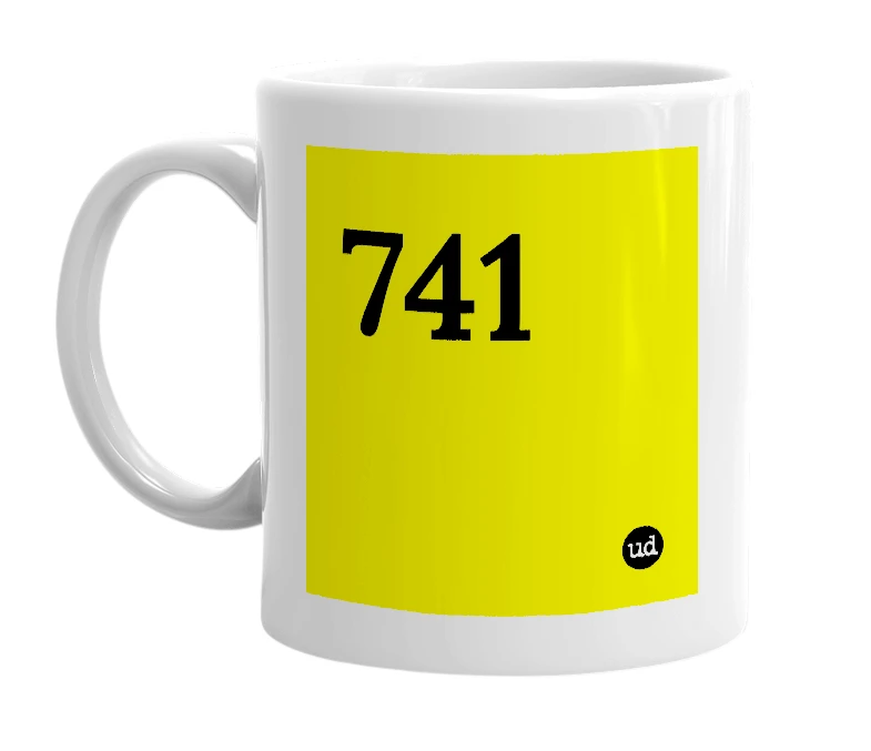 White mug with '741' in bold black letters