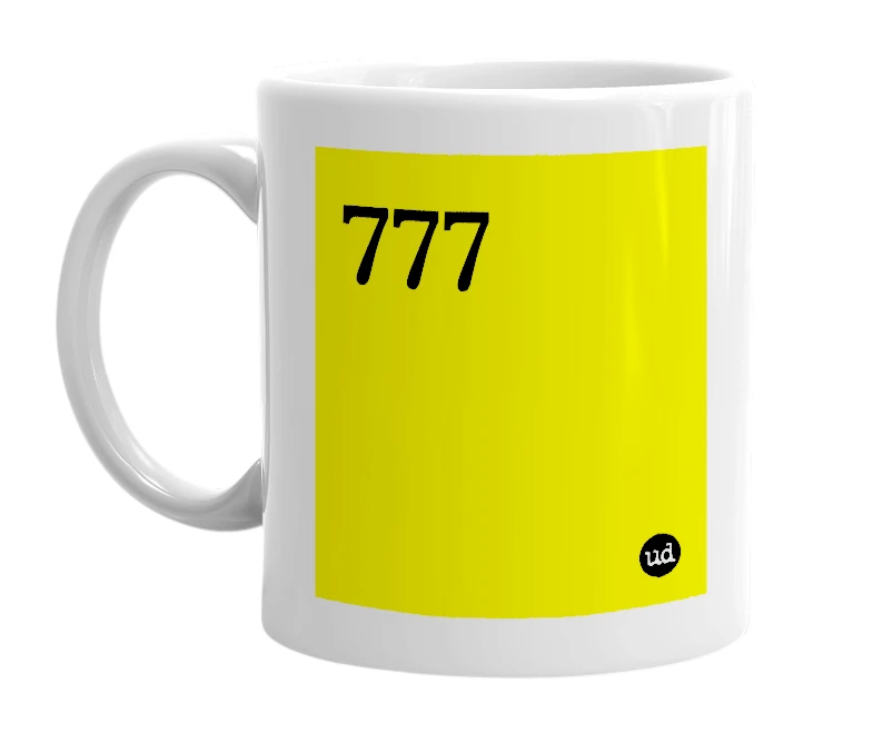 White mug with '777' in bold black letters