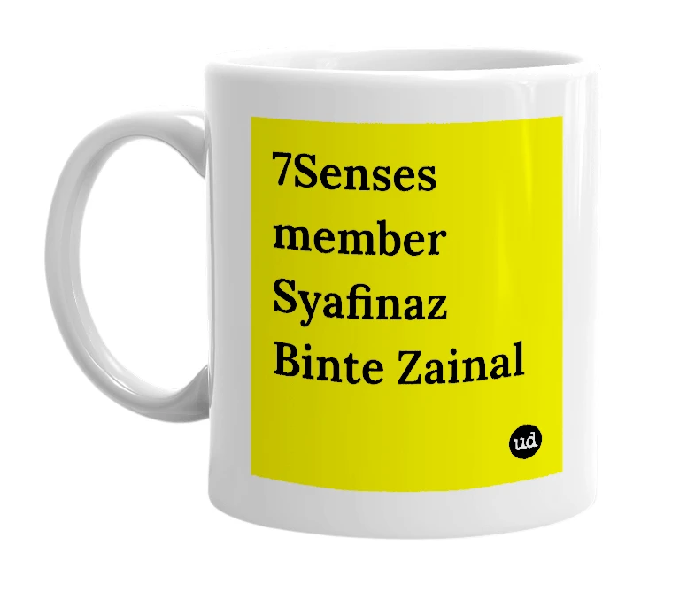 White mug with '7Senses member Syafinaz Binte Zainal' in bold black letters