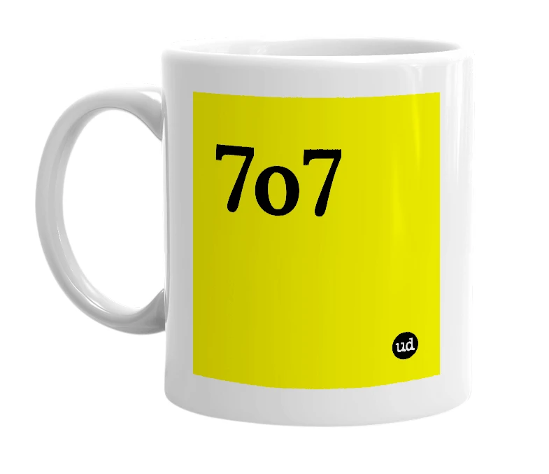 White mug with '7o7' in bold black letters