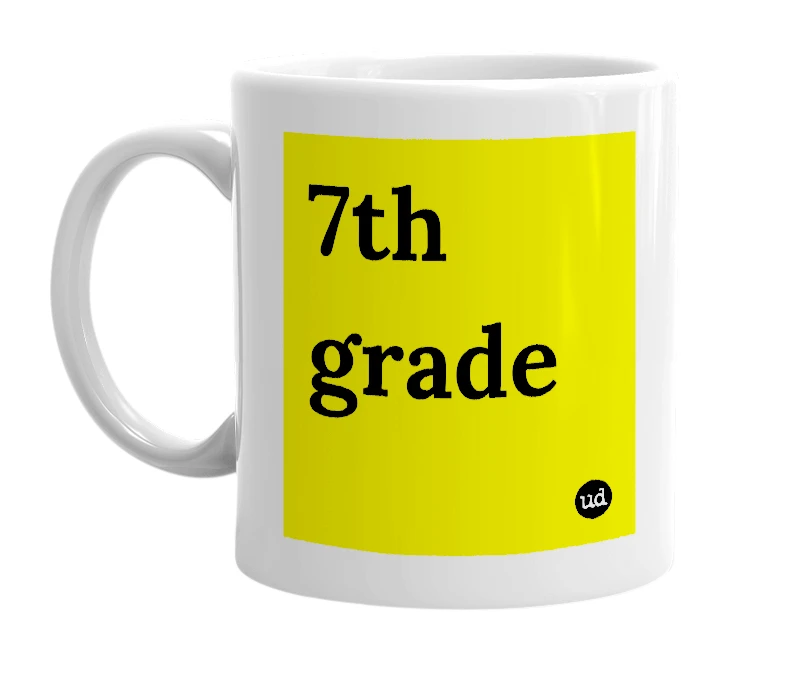 White mug with '7th grade' in bold black letters