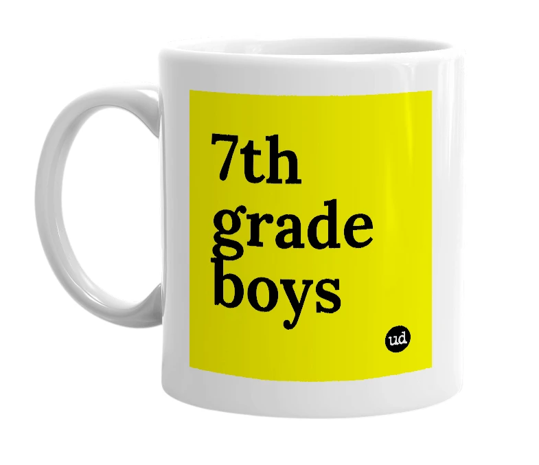 White mug with '7th grade boys' in bold black letters