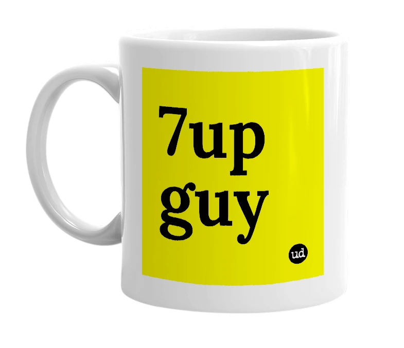 White mug with '7up guy' in bold black letters