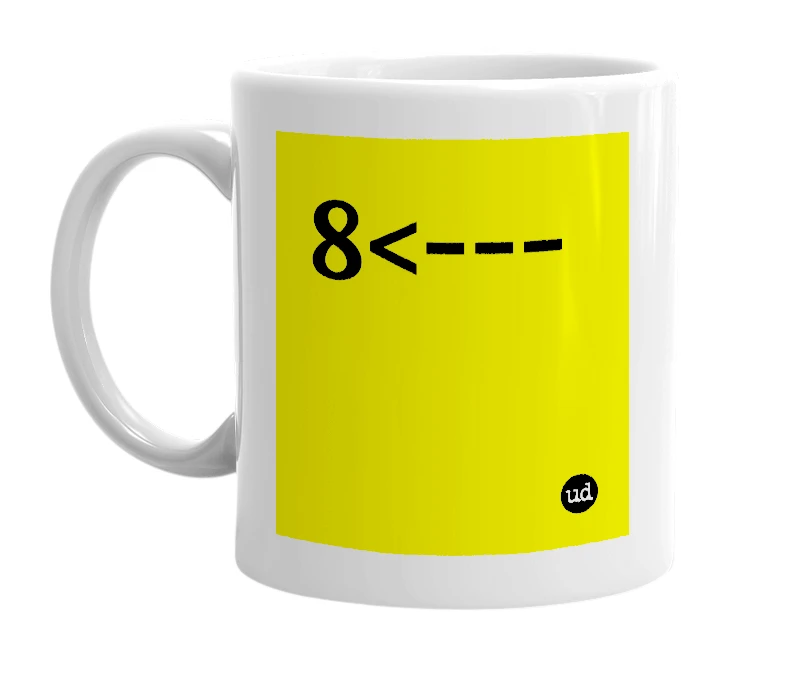 White mug with '8<---' in bold black letters
