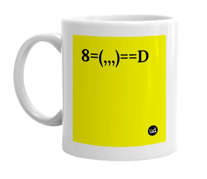 White mug with '8=(,,,)==D' in bold black letters