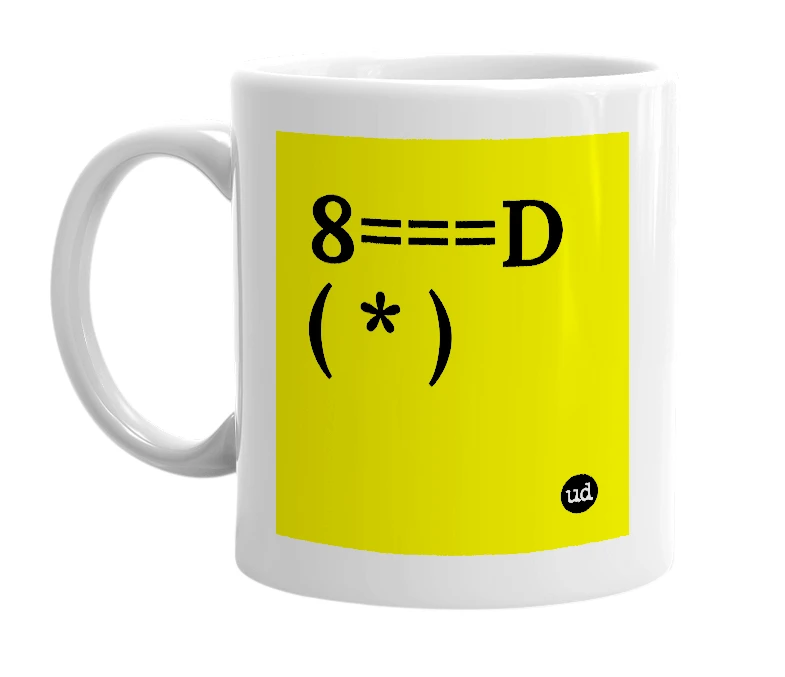 White mug with '8===D ( * )' in bold black letters