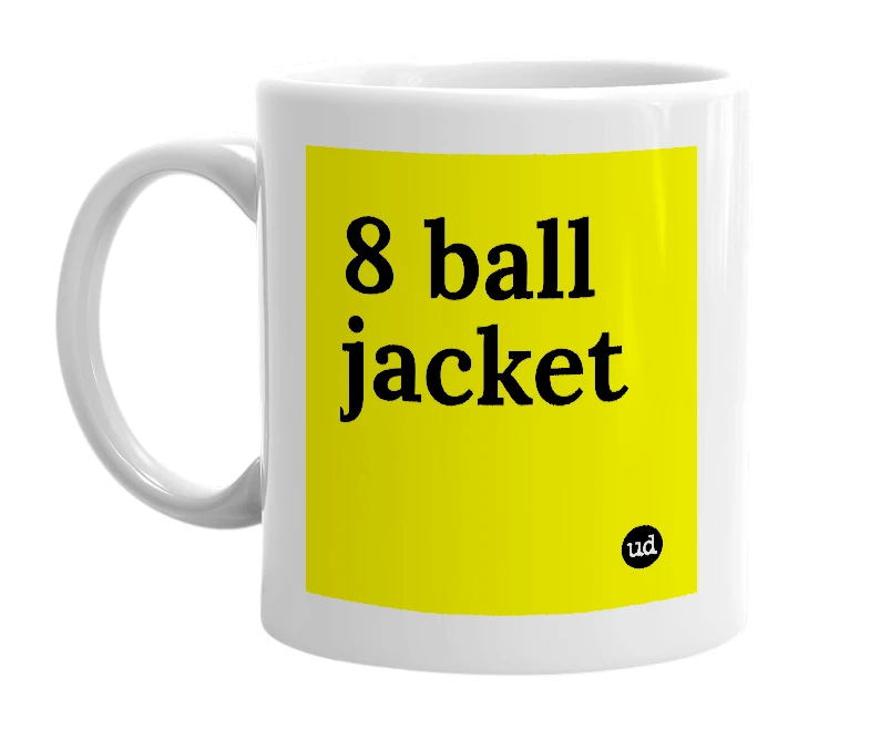 White mug with '8 ball jacket' in bold black letters