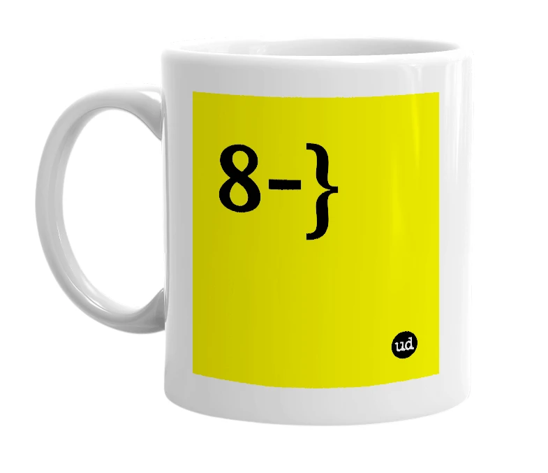 White mug with '8-}' in bold black letters