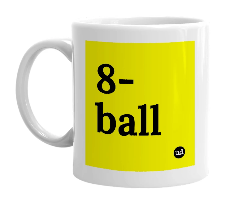 White mug with '8-ball' in bold black letters