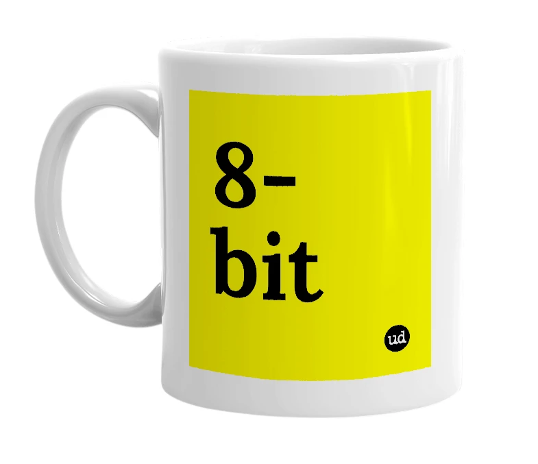 White mug with '8-bit' in bold black letters