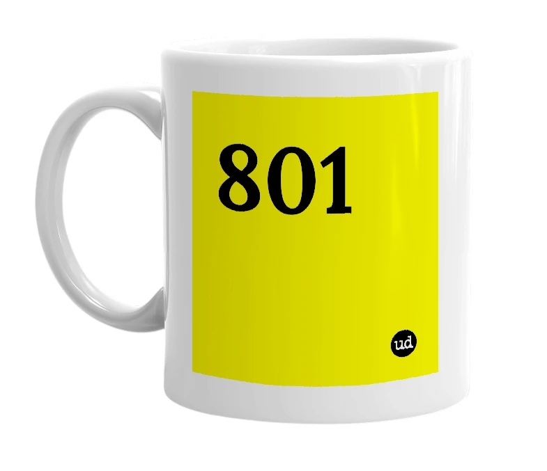 White mug with '801' in bold black letters