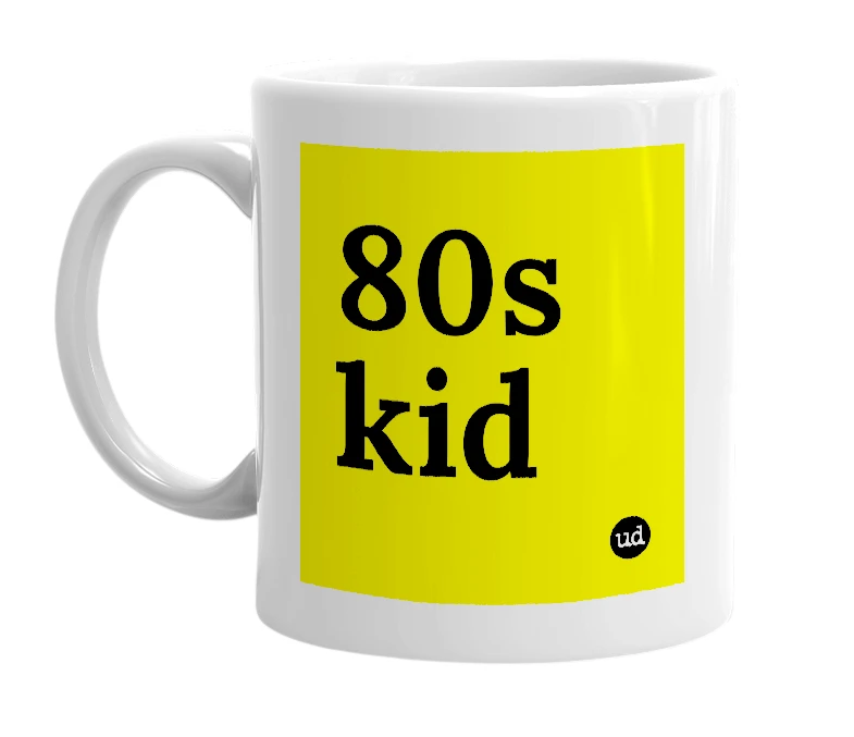 White mug with '80s kid' in bold black letters