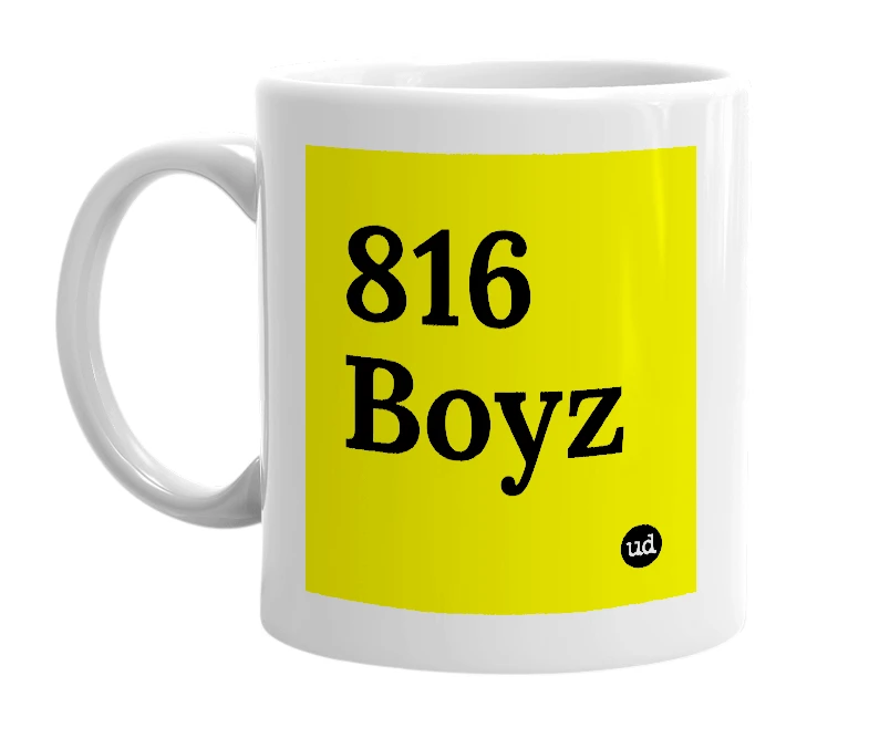 White mug with '816 Boyz' in bold black letters