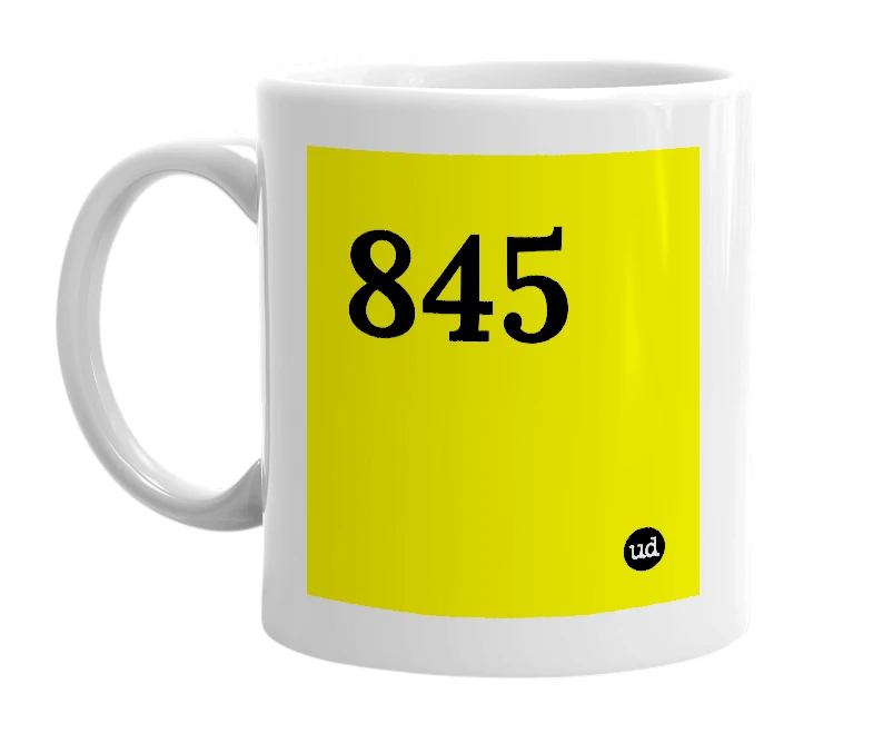 White mug with '845' in bold black letters