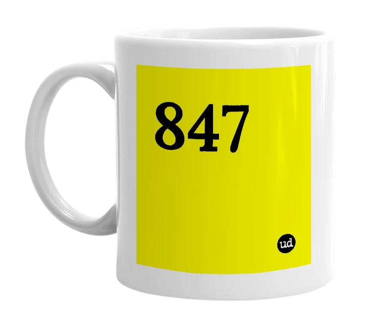 White mug with '847' in bold black letters