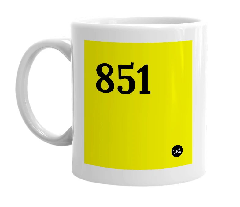 White mug with '851' in bold black letters