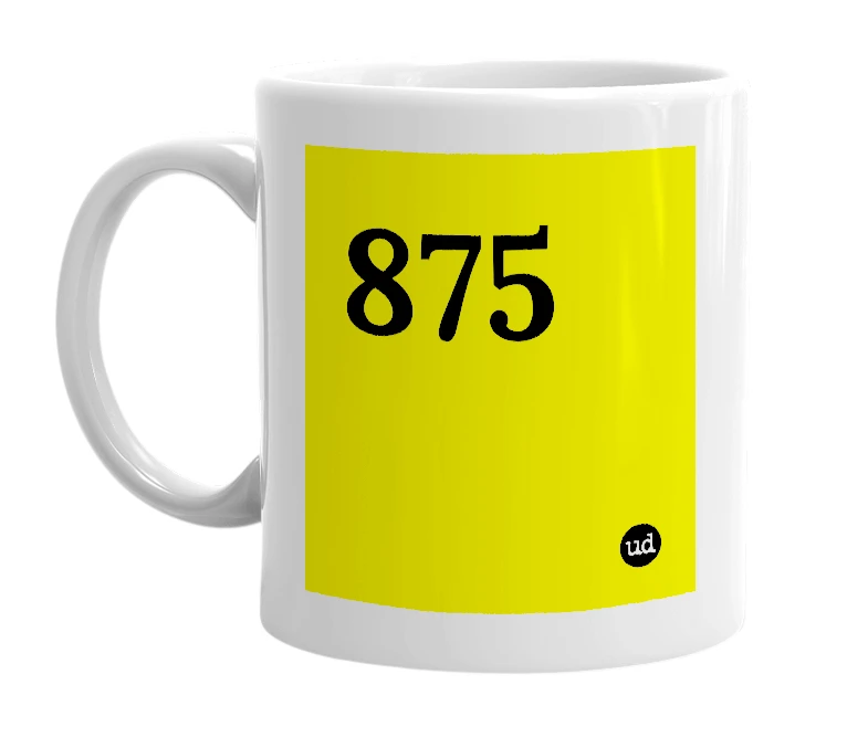 White mug with '875' in bold black letters