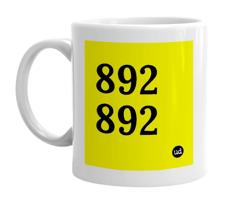 White mug with '892 892' in bold black letters