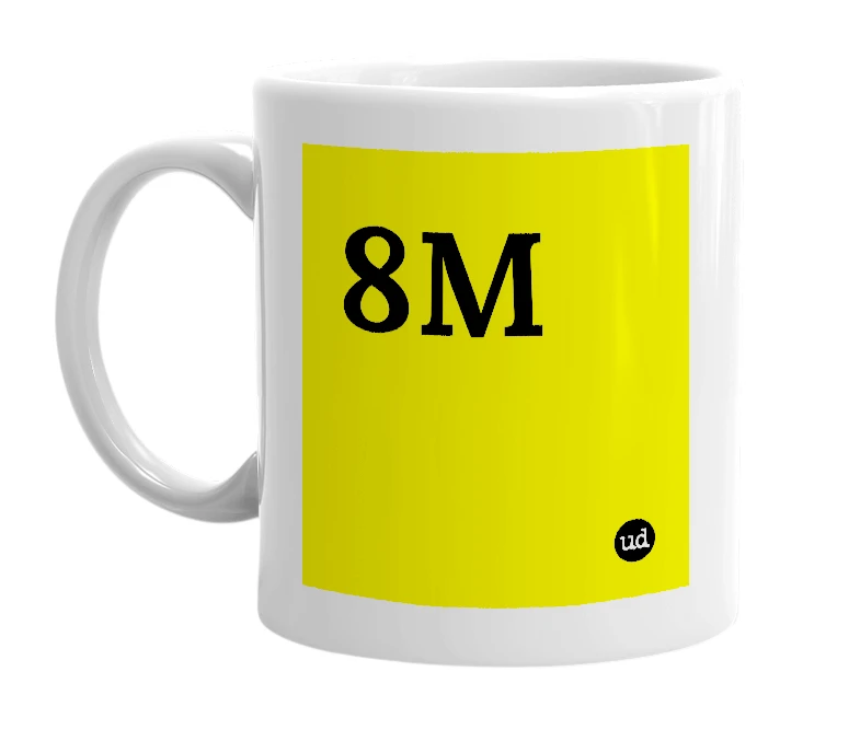 White mug with '8M' in bold black letters