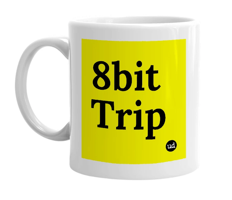 White mug with '8bit Trip' in bold black letters