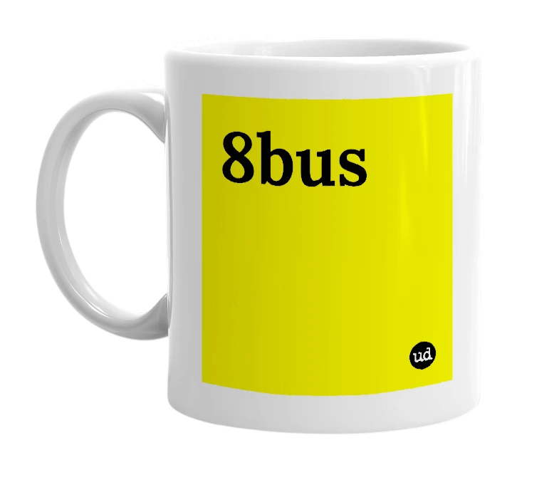 White mug with '8bus' in bold black letters