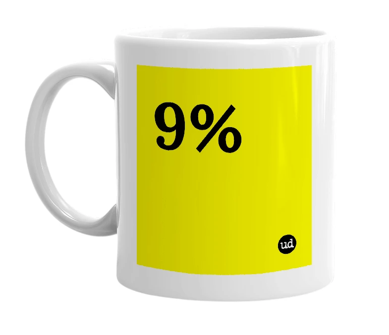 White mug with '9%' in bold black letters