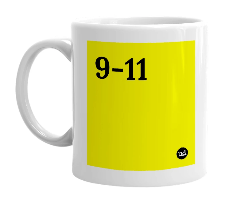 White mug with '9-11' in bold black letters